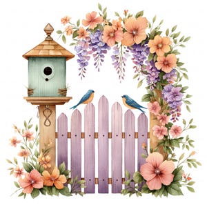 18 puertas de jardín de madera, clipart, acuarela, vintage, flores, primavera, imprimibles, alta calidad, JPEG, papel, diario, manualidades, álbum de recortes