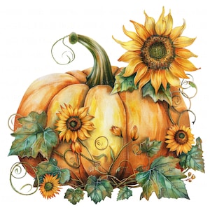 10 Clipart floral citrouille aquarelle tournesol imprimable Halloween citrouille haute qualité JPEG pour scrapbooking journal indésirable papier artisanat cartes