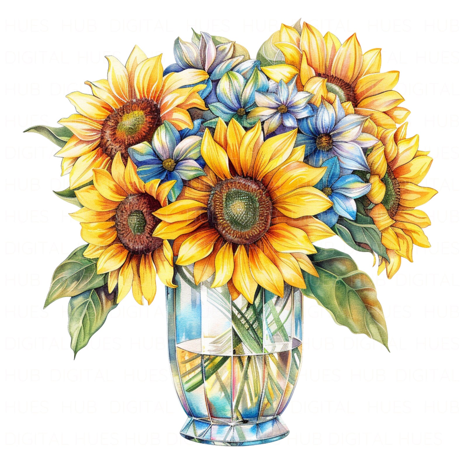 10 Sunflower in Glass Vase Clipart Bundle Printable Flower Clipart High ...