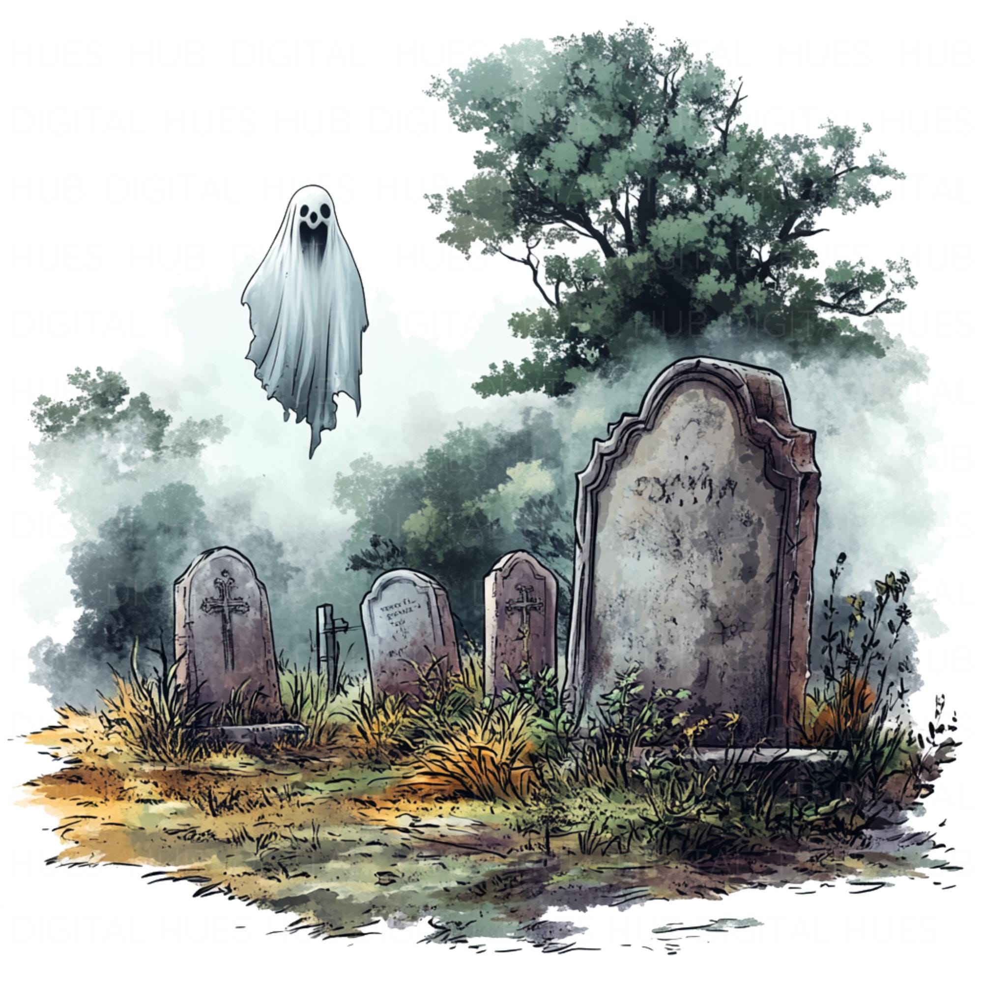 9 Evil Spirit in Graveyard Clipart Watercolor Floating Ghost Art High ...