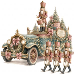 May include: A vintage teal car decorated with pink bows, a wreath, and string lights, carrying a nutcracker playing a drum, Christmas trees, and gift boxes. Three nutcracker figures march alongside, and a sign reads Merry Christmas.