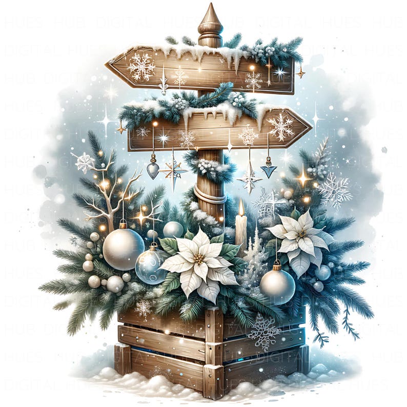 12 Snowy Christmas Signpost Clipart: Watercolor Holiday Signage JPG ...