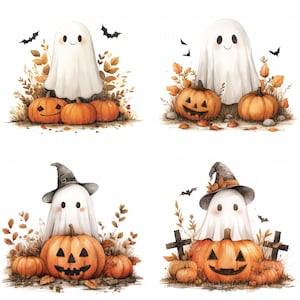 May include: Four watercolour illustrations of ghosts with jack-o'-lanterns. Each ghost is wearing a different costume: a witch's hat, a simple ghost, a ghost with a pumpkin, and a ghost with a pumpkin.