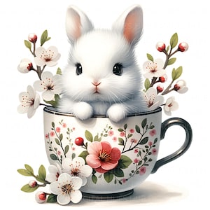 10 simpatici coniglietti in una tazza da tè Clipart acquerello fiori primaverili stampabili JPEG di alta qualità per carta da giornale spazzatura artigianato album biglietti per bambini
