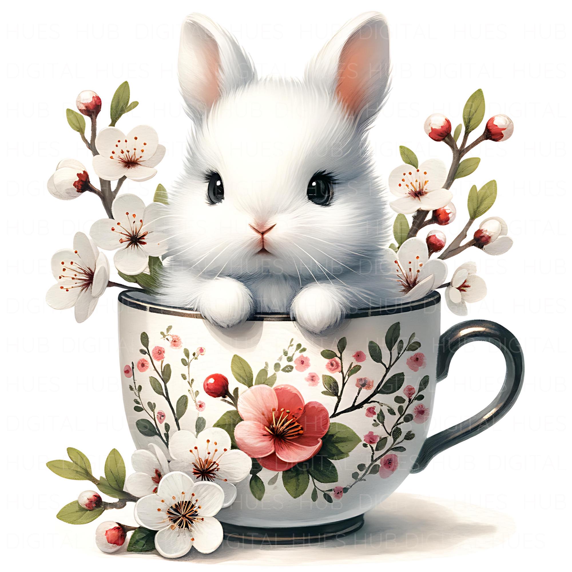 10 Cute Bunny in Tea Cup Clipart Watercolor Spring Flowers Printable ...