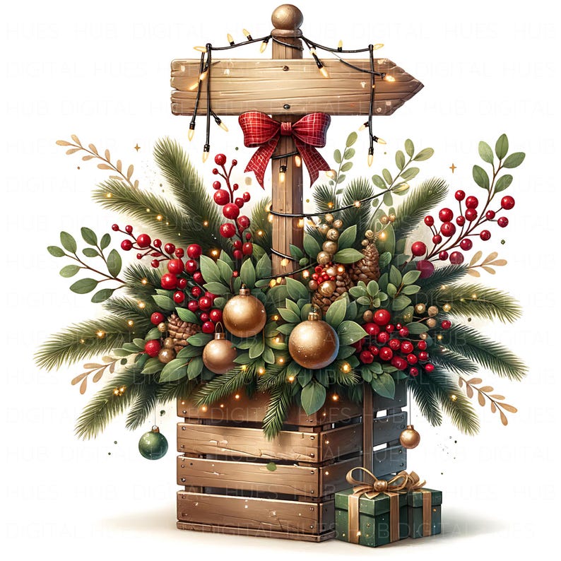 11 Christmas Signpost Clipart: Watercolor Holiday Signage JPG, Vintage ...