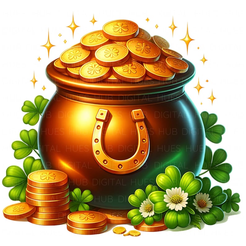 10 Saint Patrick’s Day Pot of Gold Clipart: Watercolor Four Leaf Clover ...