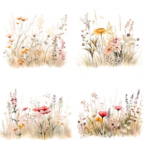 Paquete de 17 imágenes prediseñadas de flores silvestres en el prado, acuarela, flores silvestres secas, alta calidad, JPEG, imprimibles para álbumes de recortes, diarios basura, manualidades de papel, bricolaje