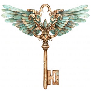12 magische sleutel met vleugels clipart aquarel Fairy Key Fantasy clipart afdrukbare hoge kwaliteit JPEG voor scrapbook junk Journal papier ambachtelijke kaart