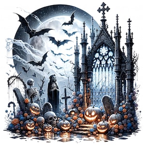 以下が含まれることがあります： 不気味なハロウィーンのシーンのデジタルイラスト。満月とコウモリが、ゴシック様式の教会と墓地の上空を埋め尽くしています。ライトアップされたジャック・オ・ランタン、骸骨、死神が前景にあります。カラーパレットは主に黒、白、オレンジです。