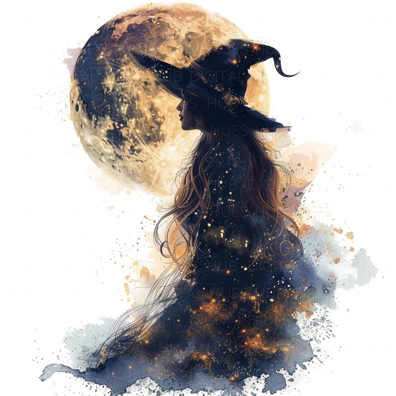 Witch in Full Moon Clipart Watercolor Witch and Witchcraft Clipart High Quality JPEG Printable For Scrapbook Junk Journal Paper Craft DIY Digital Download Nursery Art Decor Living Room Decoration Clipart Bundle Watercolor Clipart Coaster Design DIYs