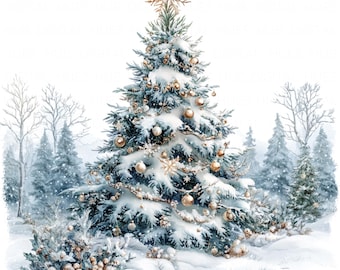 10 Christmas Tree Snow Landscape Clipart Watercolor Holiday Graphics Printable High Quality JPEG For Junk Journals Paper Crafts Scrapbook