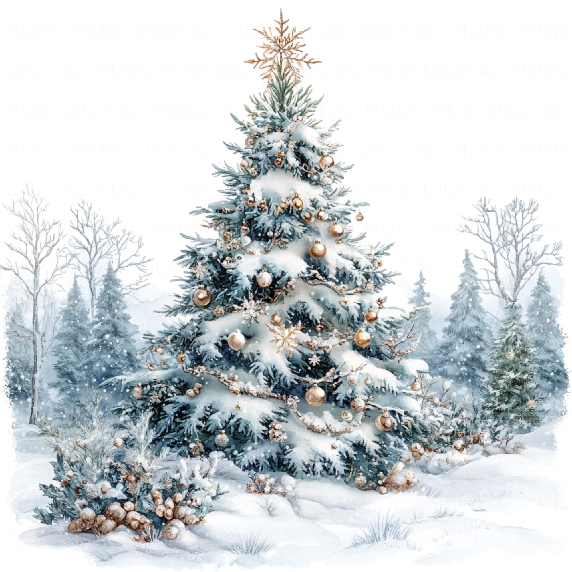 10 sapin de Noël paysage de neige Clipart aquarelle vacances graphiques imprimable haute qualité JPEG pour journaux indésirables papier artisanat Scrapbook