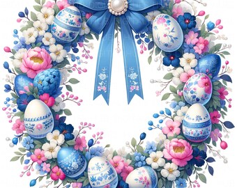 10 rosa blå Chinoiserie påskkrans Clipart: Akvarell Cottagecore Grandmillennial påskägg och vårblommor JPEG digital nedladdning