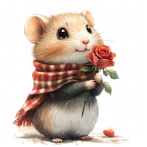 10 hamster tenant une fleur des cliparts aquarelle animaux mignons pépinière art imprimable haute qualité JPEG pour journaux indésirables papier artisanat scrapbooks