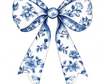 11 Blue Chinoiserie Bow Clipart: Watercolor Grandmillennial PNG, Trendy Coquette Bow Designs Digital Download For TShirt, Junk Journal, Card
