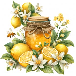 May include: Watercolor illustration of a jar of honey surrounded by lemons, lemon blossoms, and green leaves. A bee is flying near the jar. The jar has a wooden lid and is tied with twine.