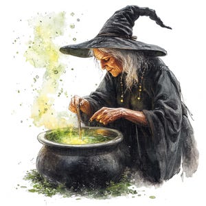May include: A witch in a black pointed hat stirs a bubbling green potion in a large black cauldron. The cauldron is surrounded by green foliage and steam rises from the potion.