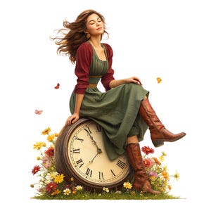 Könnte beinhalten: Eine Frau in einem grün-roten Kleid sitzt auf einem großen, antiken Zifferblatt mit römischen Ziffern. Sie trägt braune Stiefel und hat die Augen geschlossen. Die Uhr ist von verschiedenen Blumen umgeben.