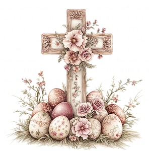 22 Blumen Holzkreuz Clipart Aquarell Ostereier Kruzifix Kreuz Printable hochwertige JPEG Junk Journal Papier Handwerk Scrapbook Kinderzimmer