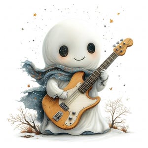 Könnte beinhalten: Ein weißer Geist mit einem blauen Schal spielt eine braune E-Gitarre in einer schneebedeckten Landschaft mit fallenden Sternen.