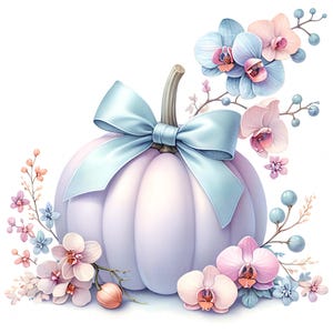 May include: A light purple pumpkin with a light blue bow and stem, surrounded by pink and blue orchids and other floral accents. The pumpkin is a decorative item, perfect for fall or seasonal decor.