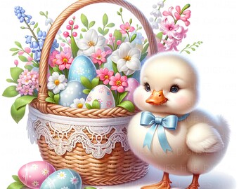 15 Easter Duck Basket Clipart: Watercolor Baby Duckling, Spring Flowers JPEG, Farm Animal Digital Download For Junk Journal, Cards & Nursery