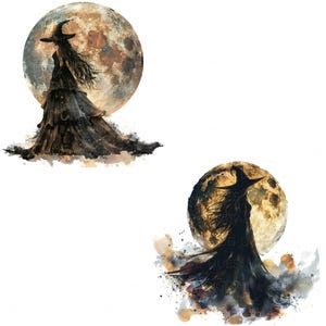 May include: Two watercolor illustrations of a witch in silhouette standing in front of a full moon. The moon is a golden yellow color with a textured surface. The witch is wearing a pointed hat and a long flowing gown. The background is a soft watercolor wash of light brown and gray.