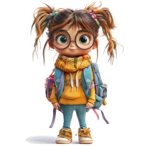 14 Cute Whimsical Girl With School Bag Clipart Quirky Girl Cartoon Kid Printable High Quality JPG Junk Journal Paper Craft Scrapbook Nursery