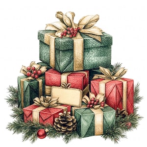 12 kerstcadeaus clipart aquarel feestelijke vakantie verpakte dozen afdrukbare hoge kwaliteit JPEG voor ongewenste dagboek papier ambachtelijke plakboekkaarten