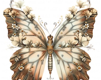 May include: A delicate butterfly with intricate wings adorned with gold and white flowers. The butterfly's wings are a soft brown and white with a delicate, almost translucent quality. The butterfly is a beautiful and intricate piece of art.