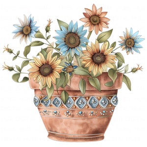 10 Boho Girassol em Vaso Clipart Pacote Boho Arte Aquarela Vaso de Flores de Verão Imprimível JPEG de Alta Qualidade Diário de Lixo Papel Artesanal Scrapbook