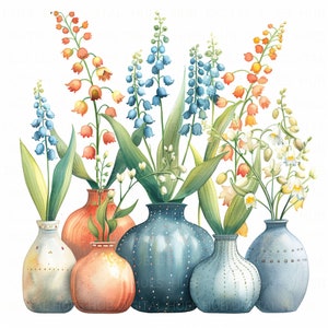 8 Clipart aquarelle de muguet dans des vases imprimable haute qualité JPEG Clipart fleur de lys pour cartes, carnets de bord, travaux manuels en papier de mariage