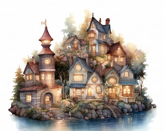 16 Village at Dusk Clipart Watercolor Whimsical Fairy Home Clipart High Quality JPEG Printable For Scrapbook Junk Journal Paper Craft DIYs