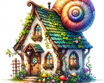 May include: A whimsical cottage with a rainbow-colored snail shell for a roof. The house has a green roof, white walls, and brown wooden accents. There are flowers and mushrooms in the garden.