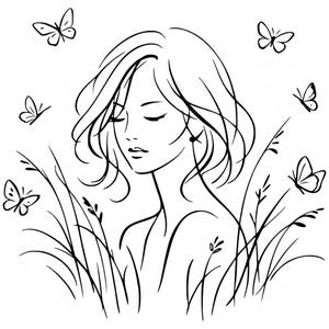 Peut inclure: Dessin au trait noir et blanc d'une femme aux yeux fermés, entourée de papillons et de hautes herbes. La femme a les cheveux courts et ondulés et une expression sereine. Les papillons sont en vol.