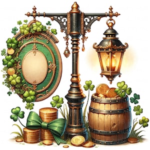 Puede incluir: Ilustración con elementos del Día de San Patricio. Un letrero decorativo con fondo verde y adornos dorados está adornado con tréboles. También hay un barril de madera lleno de monedas de oro y un lazo verde, junto con una farola decorativa.
