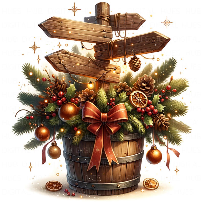 11 Christmas Signpost Clipart: Watercolor Holiday Signage JPG, Vintage ...