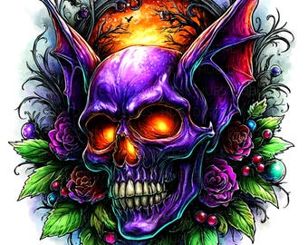12 Neon Gothic Skull Bat Wings Clipart Watercolor Day of the Dead Sugar Skull Printable High Quality JPEG Junk Journal Paper Craft Scrapbook