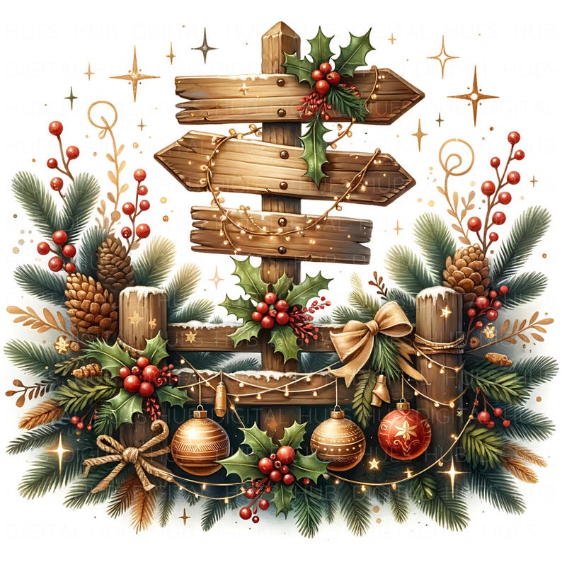 11 Christmas Signpost Clipart: Watercolor Holiday Signage JPG, Vintage ...