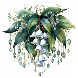 8 Kaskaden-Stil Maiglöckchen Aquarell Clipart zum ausdrucken, Blumen Clipart hochwertige JPEG-Wand-Dekor Hochzeit einladen Papier Handwerk DIYs
