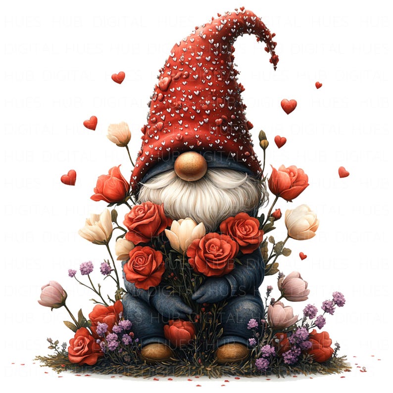 15 Cute Valentine Gnome Clipart Watercolor Floral Red Gnome Printable ...