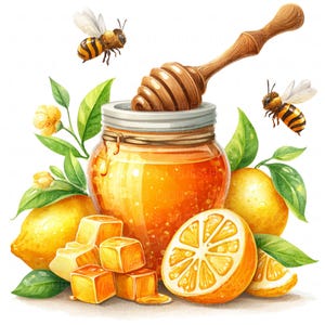 May include: Watercolor illustration of a jar of honey with a wooden honey dipper, surrounded by lemons, honey cubes, green leaves, and two bees. The honey is a golden color, and the lemons are bright yellow.