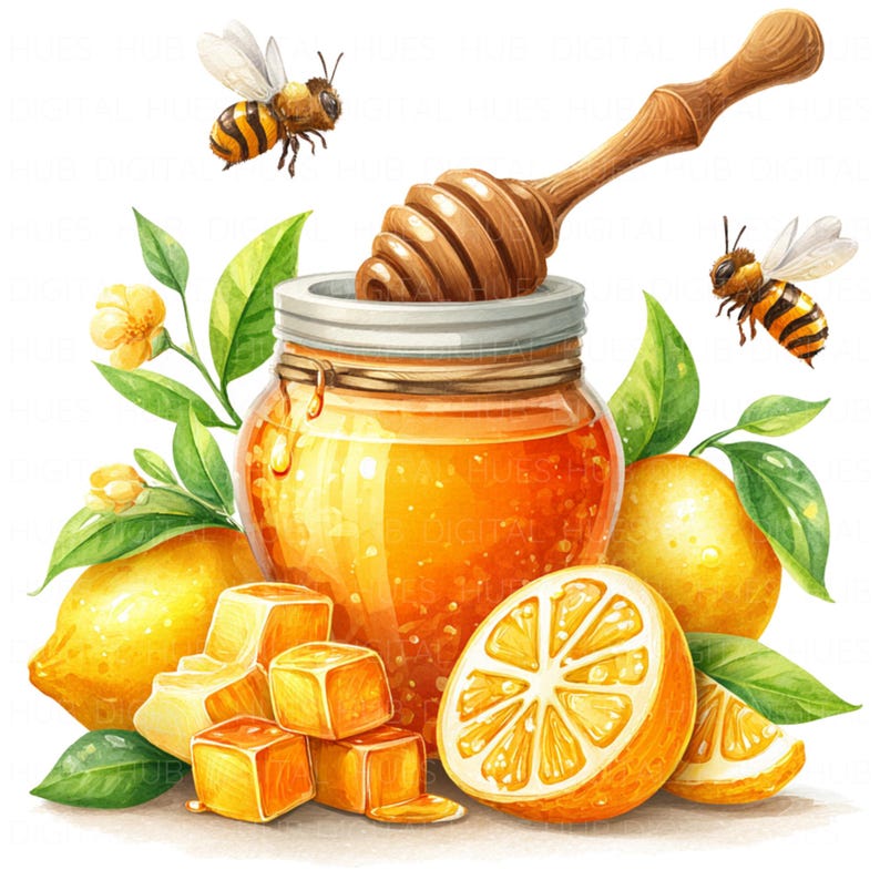 May include: Watercolor illustration of a jar of honey with a wooden honey dipper, surrounded by lemons, honey cubes, green leaves, and two bees. The honey is a golden color, and the lemons are bright yellow.