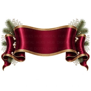 May include: A deep burgundy satin ribbon banner with ornate gold filigree edges. The ribbon is curled at both ends and decorated with green pine needles, small white floral sprigs, and clusters of cream-coloured pearls on each side.