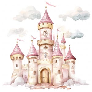 May include: A watercolor illustration of a pink and gold castle with multiple towers and a pointed roof. The castle is surrounded by clouds and has a whimsical, fairytale-like appearance.