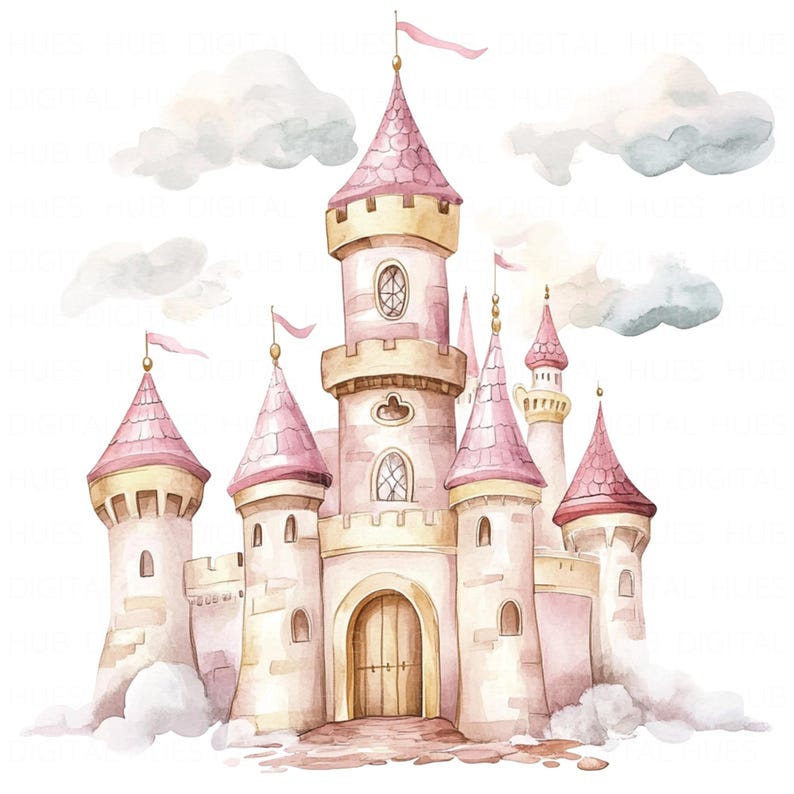 May include: A watercolor illustration of a pink and gold castle with multiple towers and a pointed roof. The castle is surrounded by clouds and has a whimsical, fairytale-like appearance.