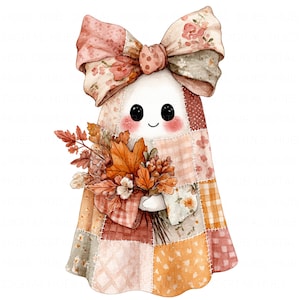 Peut inclure: Illustration à l'aquarelle d'un fantôme amical avec un corps en patchwork et un grand nœud floral. Le fantôme tient un bouquet de feuilles et de fleurs d'automne aux couleurs chaudes. Le fantôme a un visage souriant, idéal pour la saison.