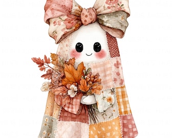Könnte beinhalten: Aquarell-Illustration eines freundlichen Geistes mit einem Patchwork-Quilt-Körper und einer großen floralen Schleife. Der Geist hält einen Strauß Herbstblätter und -blüten in warmen Farben. Der Geist hat ein lächelndes Gesicht, passend zur Jahreszeit.