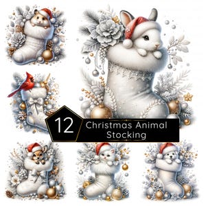 May include: A selection of Christmas animal stockings, including a hamster, rabbit, cardinal, deer, cat, and dog. Each animal wears a Santa hat and sits in a white stocking with snowflake and ornament decorations. The text "12 Christmas Animal Stocking" is visible.